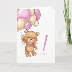 1st birthday cute pink balloons girl teddy card