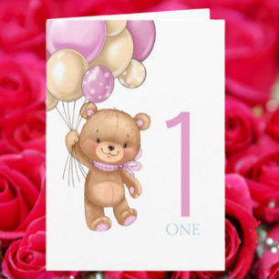 1st birthday cute pink balloons girl teddy card