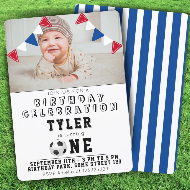  1st Birthday Cute Soccer Football Kids Photo Invitation (Creator Uploaded)