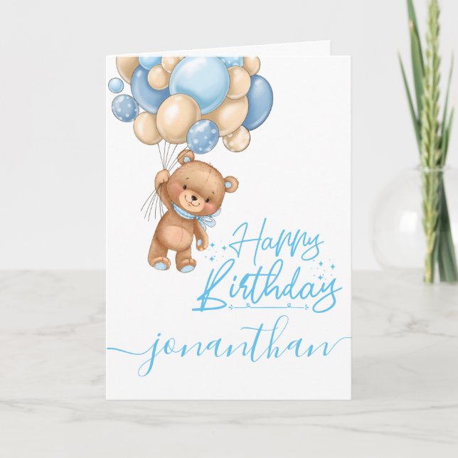 1st birthday cute teddy balloon boy card (Front)