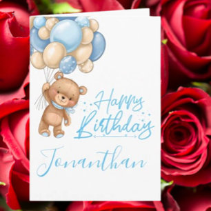 1st birthday cute teddy balloon boy card
