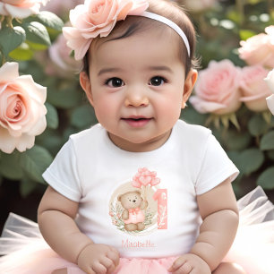 1st Birthday Cute Teddy Bear Girl Name Peachy Baby T-Shirt