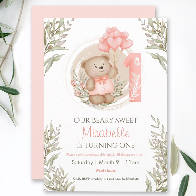 1st Birthday Cute Teddy Bear Peach Heart Balloons Invitation (1st Birthday Cute Teddy Bear Peach Heart Balloons Invitation)