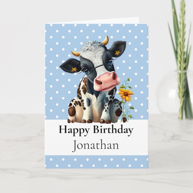 1st BIRTHDAY Dairy COW BOY Blue CARD (Front)
