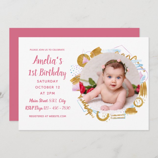 1st Birthday - Delicate Gold Spash Photo Frame Invitation (Front/Back)