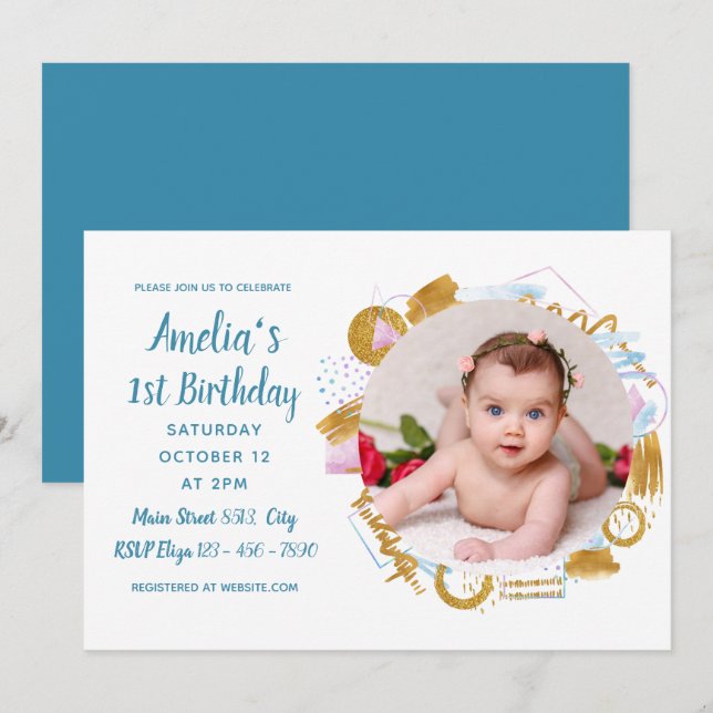 1st Birthday - Delicate Gold Spash Photo Frame Invitation (Front/Back)