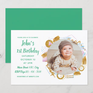 1st Birthday - Delicate Golden Photo Frame Invitation