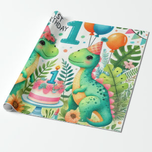 1st Birthday Dinosaur Dino Boy Watercolor Wrapping Paper