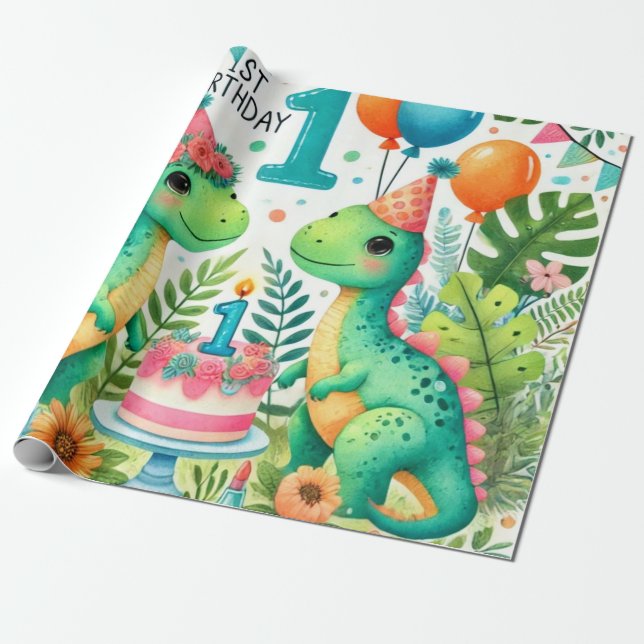 1st Birthday Dinosaur Dino Boy Watercolor Wrapping Paper (Unrolled)