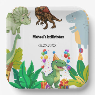 1st Birthday Dinosaur Minimal baby boy Paper Plate