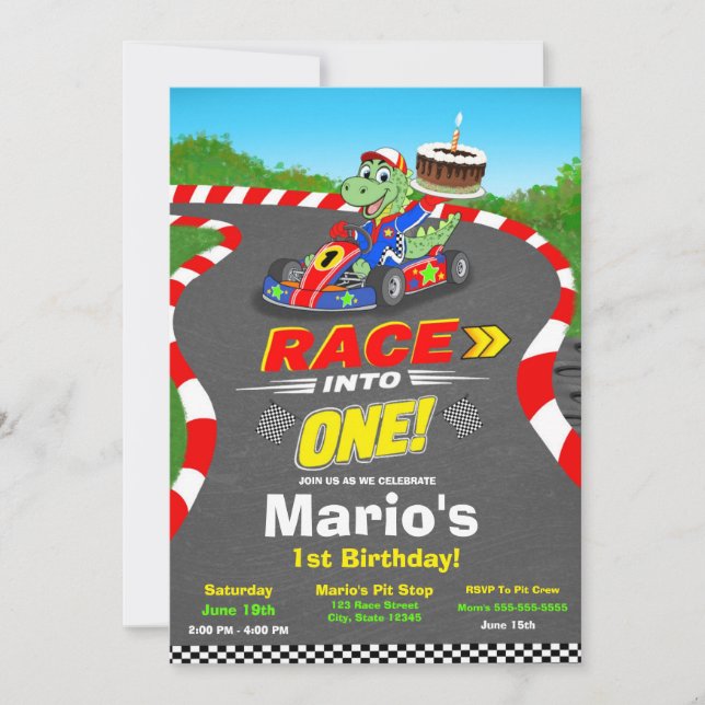 1st Birthday Dinosaur Race Car Ready Set Invite (Front)