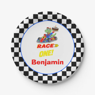 1st Birthday Dinosaur Race Car Ready Set Paper Plate