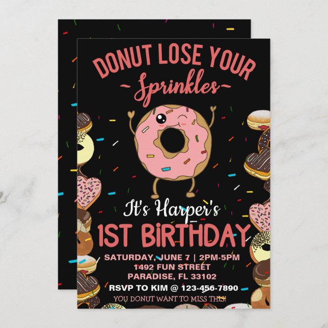 1st Birthday Doughnut Lose Your Sprinkles 1 Year O Invitation (Front/Back)