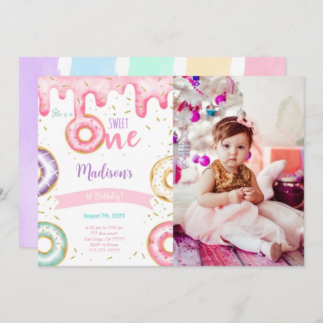 1st Birthday Doughnut Photo Invitation (Front/Back)