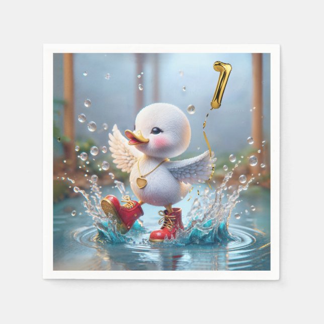 1st Birthday Duck Dancing In a Rain Puddle Napkin (Front)