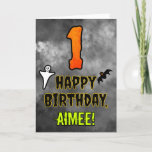 1st Birthday: Eerie Halloween Theme   Custom Name Card<br><div class="desc">The front of this scary and spooky Halloween themed birthday greeting card design features a large number “1”, along with the message “HAPPY BIRTHDAY, ”, and an editable name. There are also depictions of a bat and a ghost on the front. The inside features a custom birthday greeting message, or...</div>