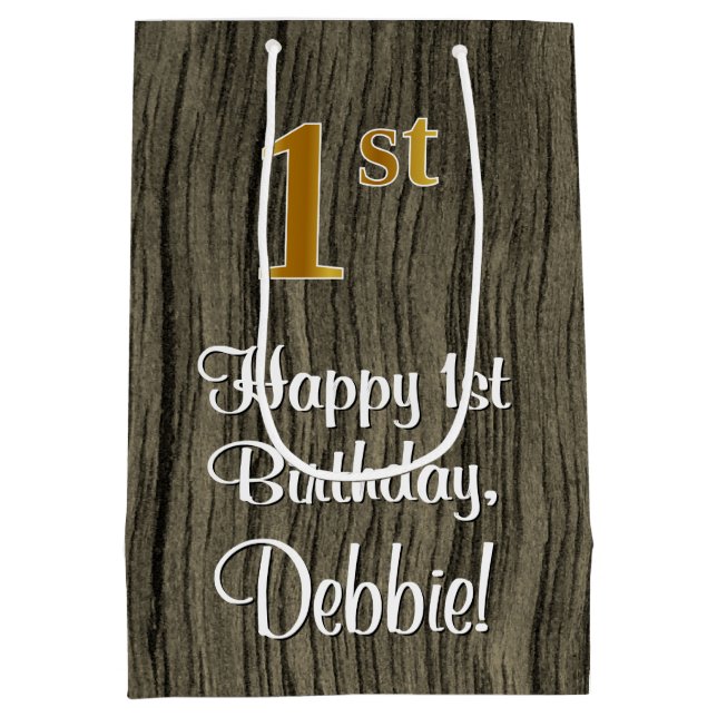 1st Birthday: Elegant Faux Gold Look #, Faux Wood Medium Gift Bag (Back)