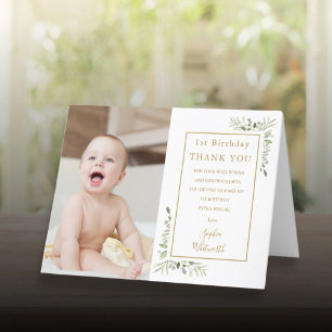 1st Birthday Elegant Gold Greenery Photo Thank You Card