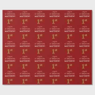 1st Birthday: Elegant, Red, Faux Gold Look Wrapping Paper