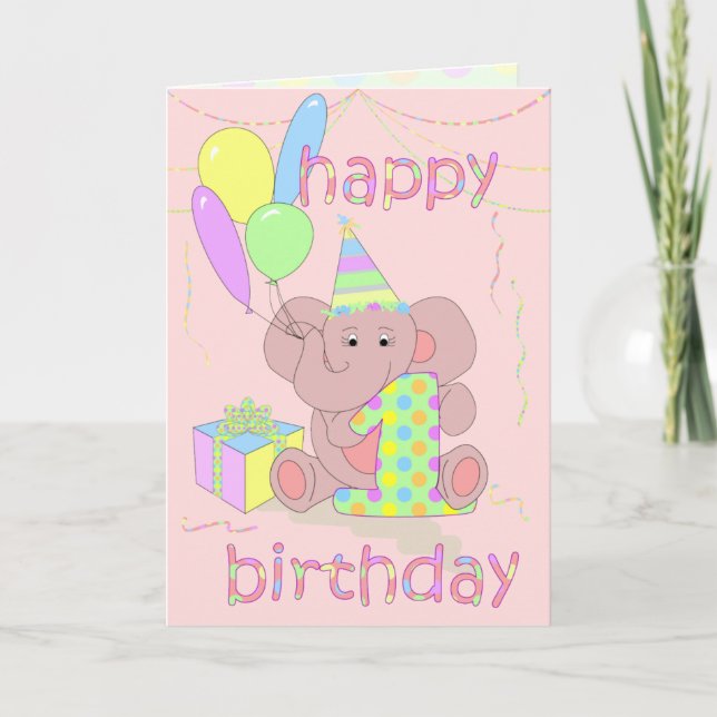 1st Birthday Elephant for Girls Card (Front)
