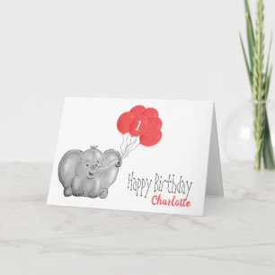 1st birthday elephant & pink balloon girl card