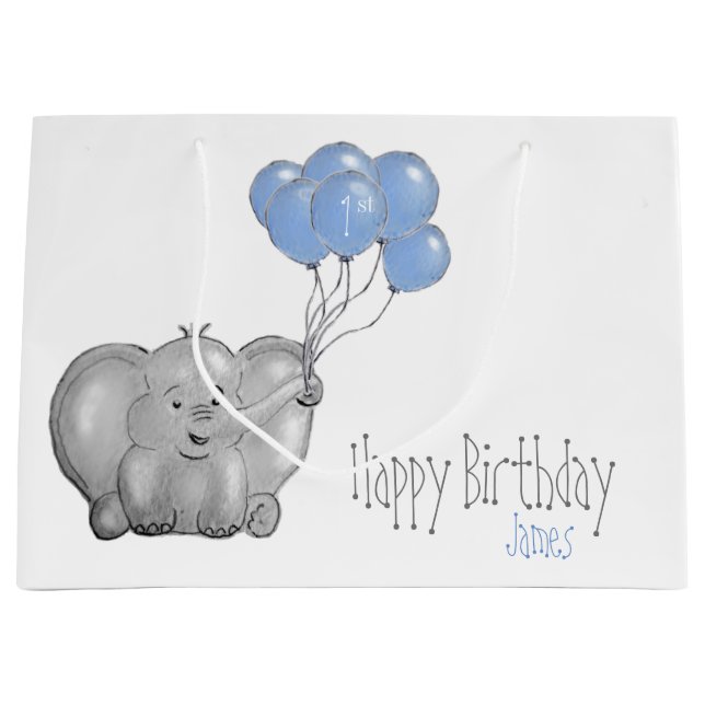 1st birthday elephant with blue balloon large gift bag (Front)
