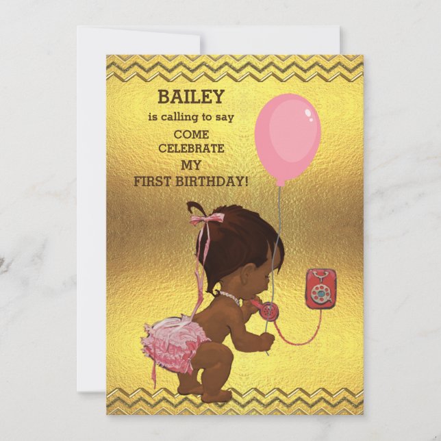 1st Birthday Ethnic Girl Balloon Gold Chevrons Invitation (Front)