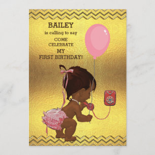 1st Birthday Ethnic Girl Balloon Gold Chevrons Invitation