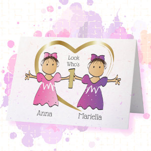1st Birthday Ethnic Twin Girls Sweet Personalised Card