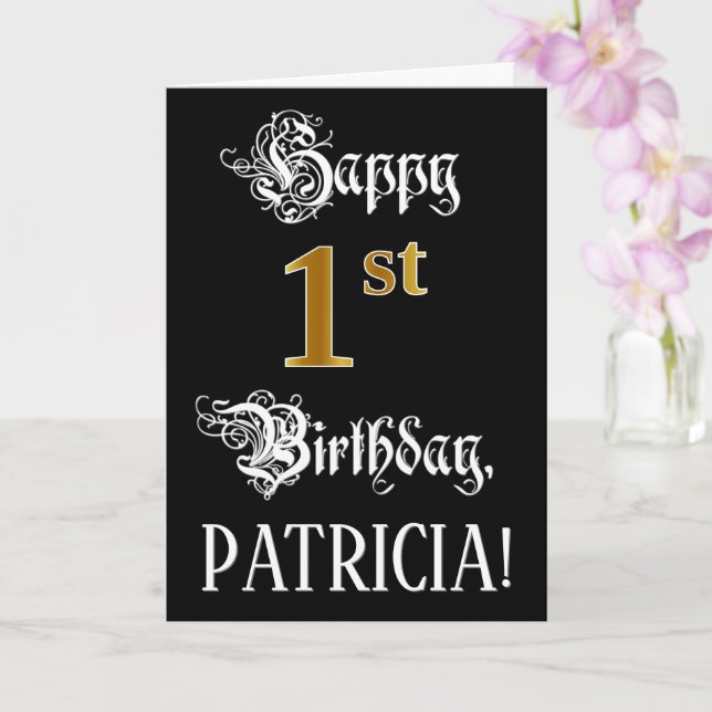 1st Birthday — Fancy Script; Faux Gold Look; Name Card (Orchid)