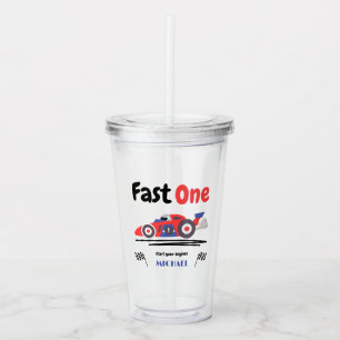 1st Birthday Fast One Red Blue Race Car Acrylic Tumbler