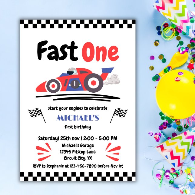 1st Birthday Fast One Red Blue Race Car Invitation (Creator Uploaded)