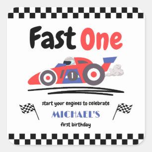 1st Birthday Fast One Red Blue Race Car Square Sticker