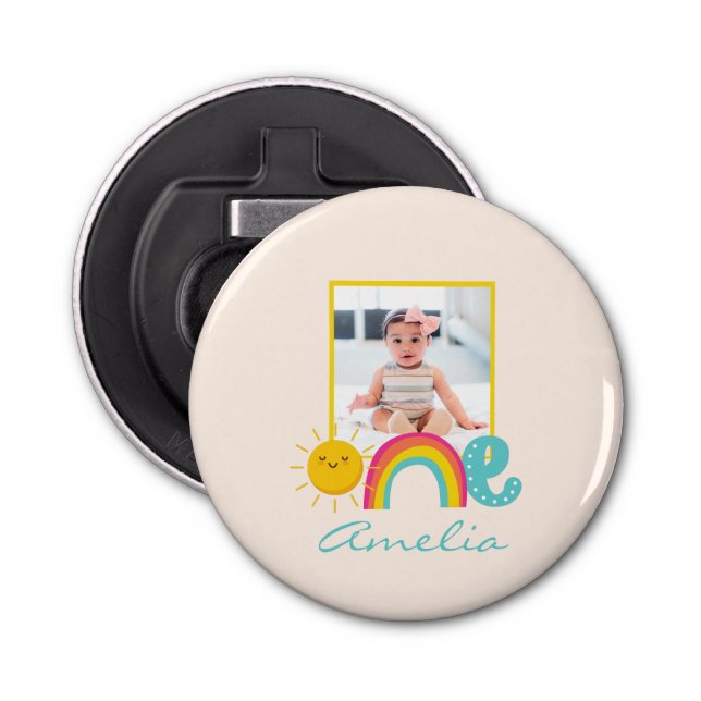 1st Birthday Favour Custom Photo & Name Rainbow On Bottle Opener (Front)