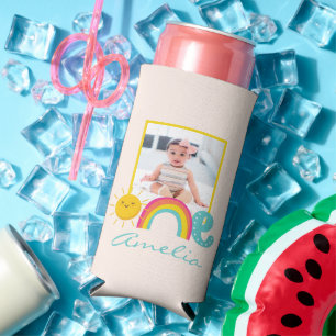1st Birthday Favour Custom Photo & Name Rainbow On Seltzer Can Cooler