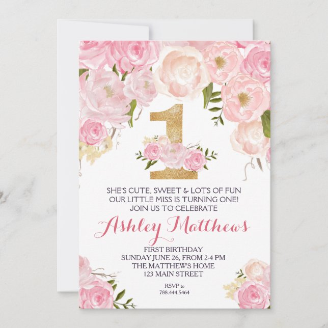 1ST birthday FIRST Beautiful Floral Invitation, Invitation (Front)