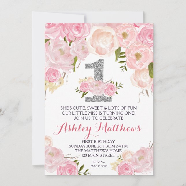 1ST birthday FIRST Beautiful Floral Invitation, Invitation (Front)