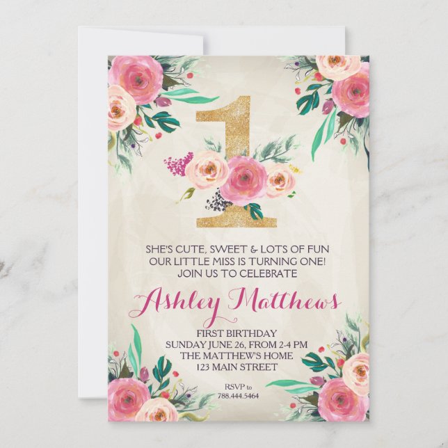 1ST birthday FIRST Beautiful Floral Invitation, Invitation (Front)