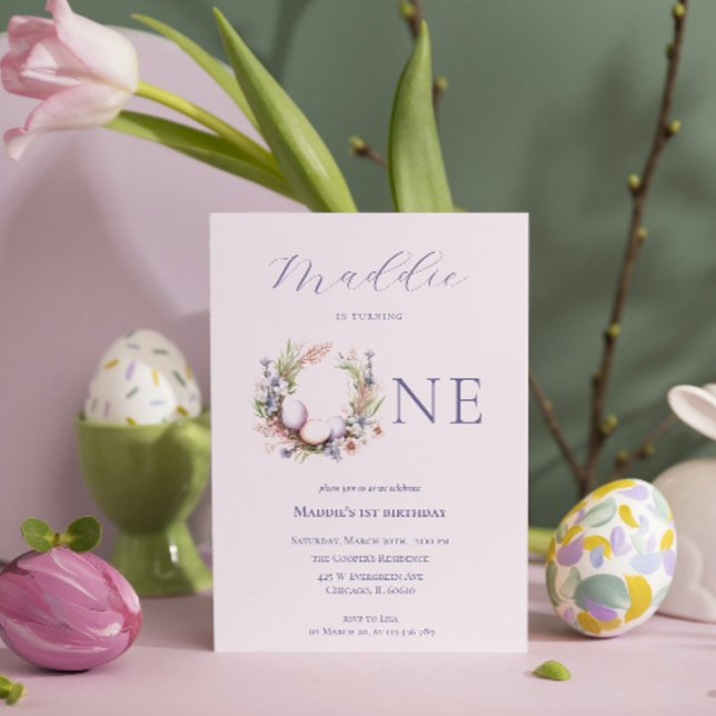 1st Birthday | Floral Easter Eggs Wreath  Invitation (Creator Uploaded)
