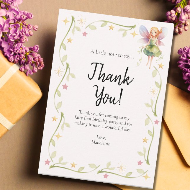 1st Birthday Floral Fairy Flat Thank You Card (Creator Uploaded)