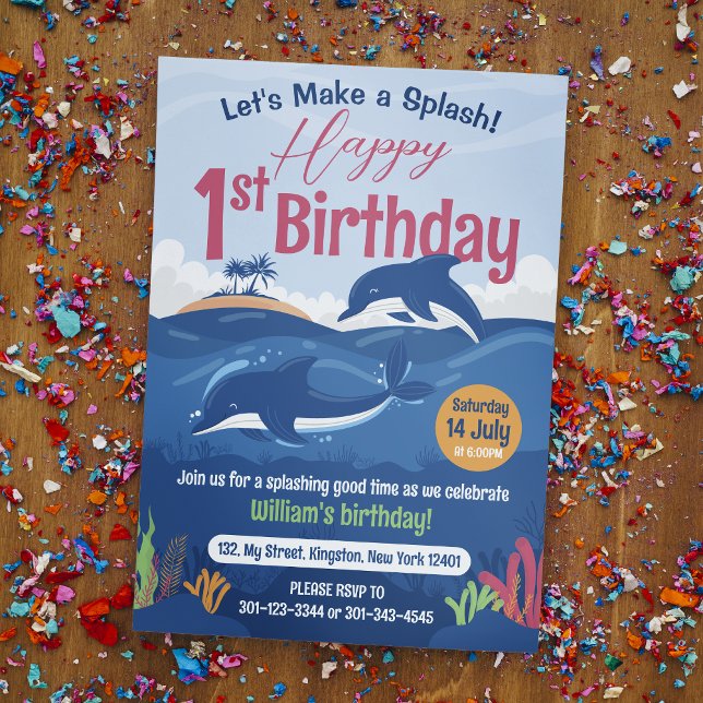 1st Birthday Fun and Colourful Dolphins Celebratio Invitation (Creator Uploaded)