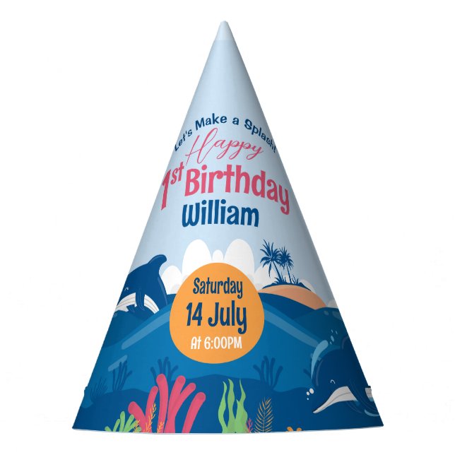 1st Birthday Fun and Colourful Dolphins Celebratio Party Hat (Front)