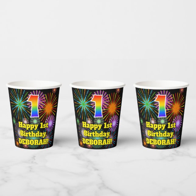 1st Birthday: Fun Fireworks Pattern + Rainbow 1 Paper Cups (Multi)