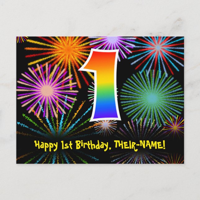 1st Birthday – Fun Fireworks Pattern + Rainbow 1 Postcard (Front)