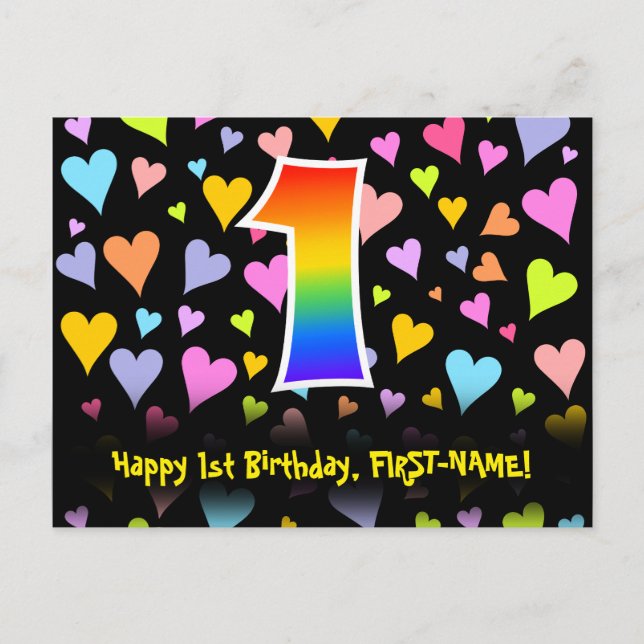 1st Birthday: Fun Hearts Pattern, Rainbow 1 Postcard (Front)