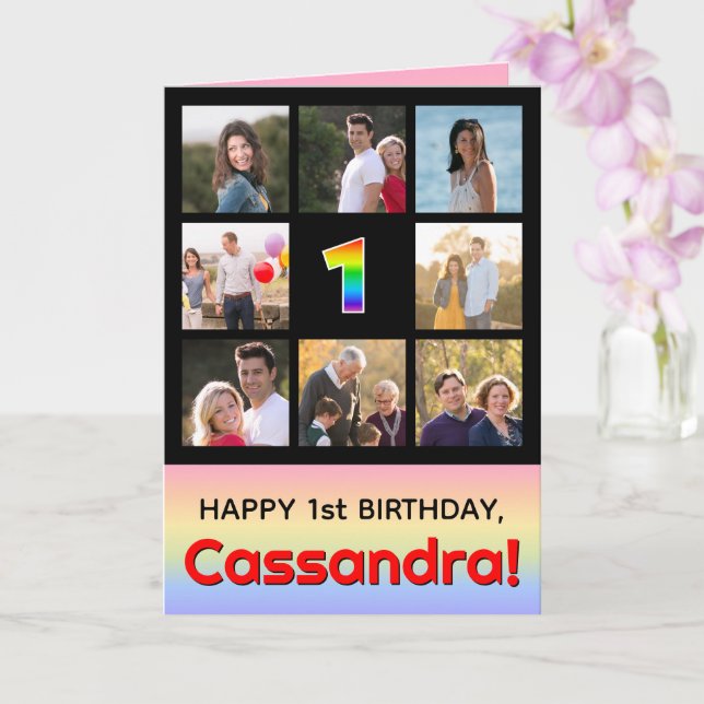 1st Birthday: Fun Rainbow #, Custom Photos + Name Card (Orchid)