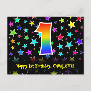 1st Birthday: Fun Stars Pattern, Rainbow 1, Name Postcard