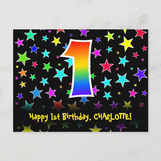 1st Birthday: Fun Stars Pattern, Rainbow 1, Name Postcard (Front)