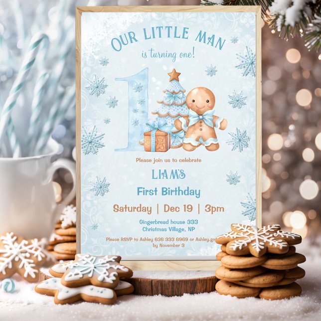 1st Birthday Gingerbread Man Boy Blue Christmas Invitation (1st Birthday Gingerbread Man Boy Blue Christmas Invitation)