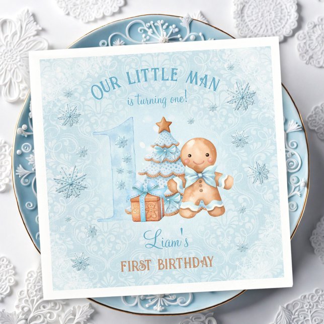 1st Birthday Gingerbread Man Boy Blue Christmas Napkin (1st Birthday Gingerbread Man Boy Blue Christmas Napkins)